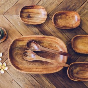 Acacia Wood Set of 7 | Oval design | Mother bowl with 4 servers and utensils | Handmade bowls | Salad Bowl Set | Pasta Bowl | Serving Bowls