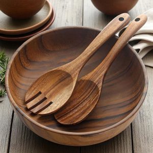 Acacia Wood Salad Bowl Set with Serving Spoons, 3 Piece Rustic Tableware