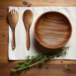 Acacia Wood Salad Bowl Set with Serving Spoons, 3 Piece Rustic Tableware