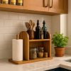 Rustic Wooden Kitchen Organizer – Spice Rack & Paper Towel Holder Shelf