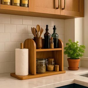 Rustic Wooden Kitchen Organizer – Spice Rack & Paper Towel Holder Shelf