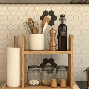 Rustic Wooden Kitchen Organizer – Spice Rack & Paper Towel Holder Shelf