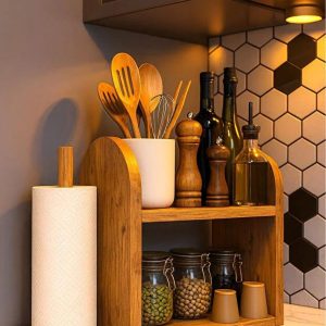 Rustic Wooden Kitchen Organizer – Spice Rack & Paper Towel Holder Shelf