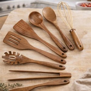 Teak Wood Kitchen Utensil Set, Natural Wood Cooking Tools, 10 Piece