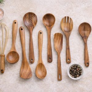 Teak Wood Kitchen Utensil Set, Natural Wood Cooking Tools, 10 Piece