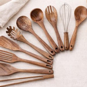 Teak Wood Kitchen Utensil Set, Natural Wood Cooking Tools, 10 Piece