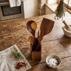 Handmade Walnut Wood Kitchen Utensil Set with Holder
