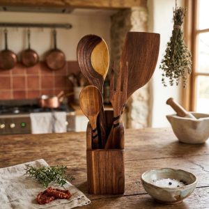 Handmade Walnut Wood Kitchen Utensil Set with Holder