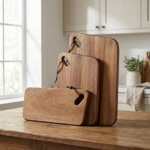 Acacia Wood Cutting Board Set of 3, Rustic Wooden Chopping Boards with Handle, Kitchen Serving Board Bundle, Charcuterie Bread Board Set