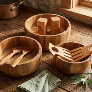 Acacia Wood Salad Bowl Set, Olive Wood Servers, Magnetic Shakers, 7-Piece Rustic Kitchen