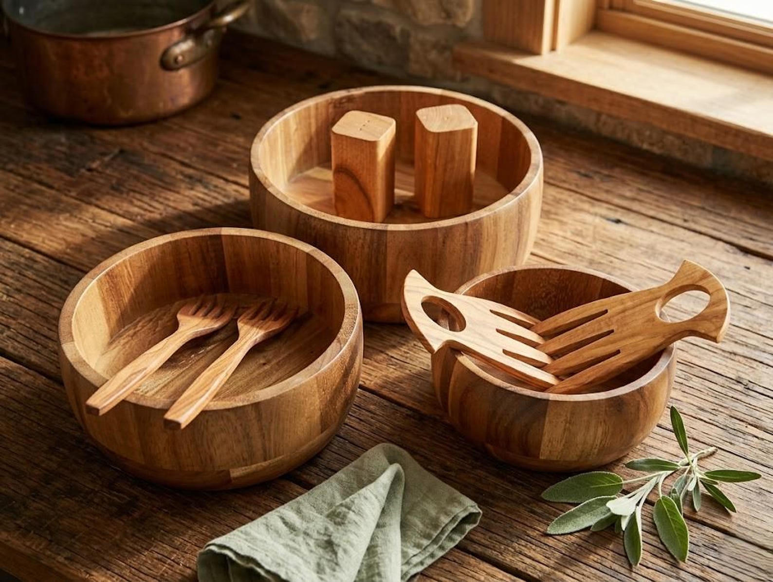 4483580589-img-1 Acacia Wood Salad Bowl Set, Olive Wood Servers, Magnetic Shakers, 7-Piece Rustic Kitchen