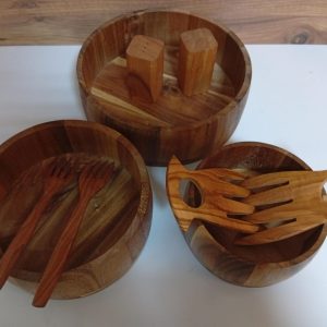 Acacia Wood Salad Bowl Set, Olive Wood Servers, Magnetic Shakers, 7-Piece Rustic Kitchen